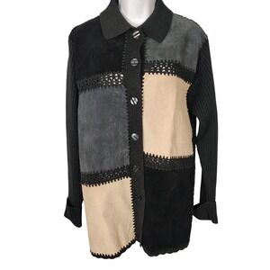 Ambra Womens Large Suede Patchwork Ribbed Knit Cardigan Sweater Black Grey Tan L